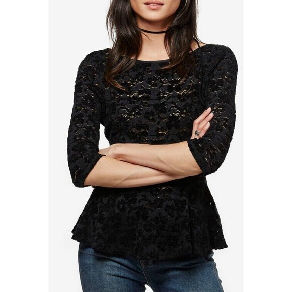 Free People Tops - Free People Chenille Top Size Small Black Lace Peplum‎ Top Scoop Neck On Back